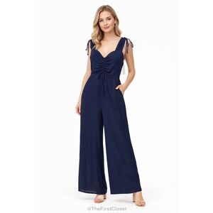 NSR Navy Blue Ruched Tie Strap Wide Leg Jumpsuit Women's Size L Nordstrom Rack